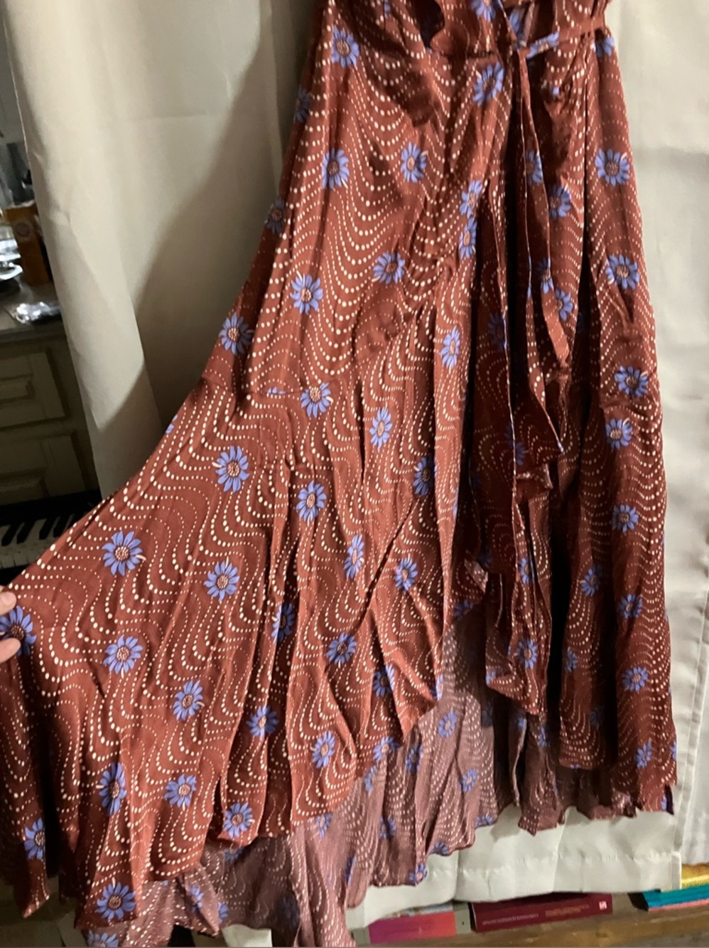 Anthropologie Brown Floral Maxi Dress with Blue Accents - Picture 4 of 16